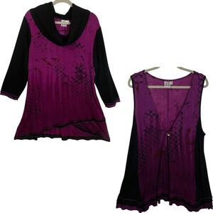 Parsley & Sage Womens 1X Purple Black Abstract 2 Piece Tunic and Vest Set‎ 90312